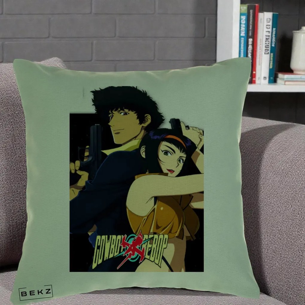 Perna Personalizata Cowboy Bebop Spike si Faye Poster, 40x40 cm, Verde, Husa Detasabila, Perna Inclusa, BEKZ®
