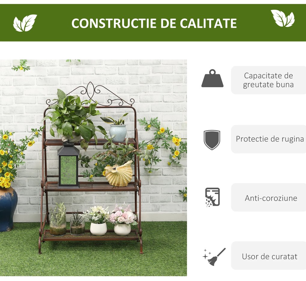 Jardiniera de Exterior Outsunny cu 3 Niveluri pentru Ornamente, Raft pentru Plante de Gradina din Metal, 60,5x59,5x95,5cm, Maro