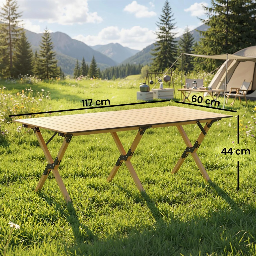 Outsunny Masă de camping 117 x 60 cm, masă pliantă din aluminiu cu blat rulabil aspect lemn, husă de transport, impermeabilă | Aosom Romania