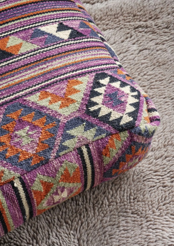 Pouf din iută țesut manual cu model kilim vibrant, 60×60×H20 cm, „Indra"