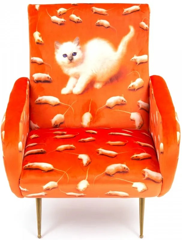 Fotoliu portocaliu cu cadru din lemn si metal Kitten Toiletpaper Seletti