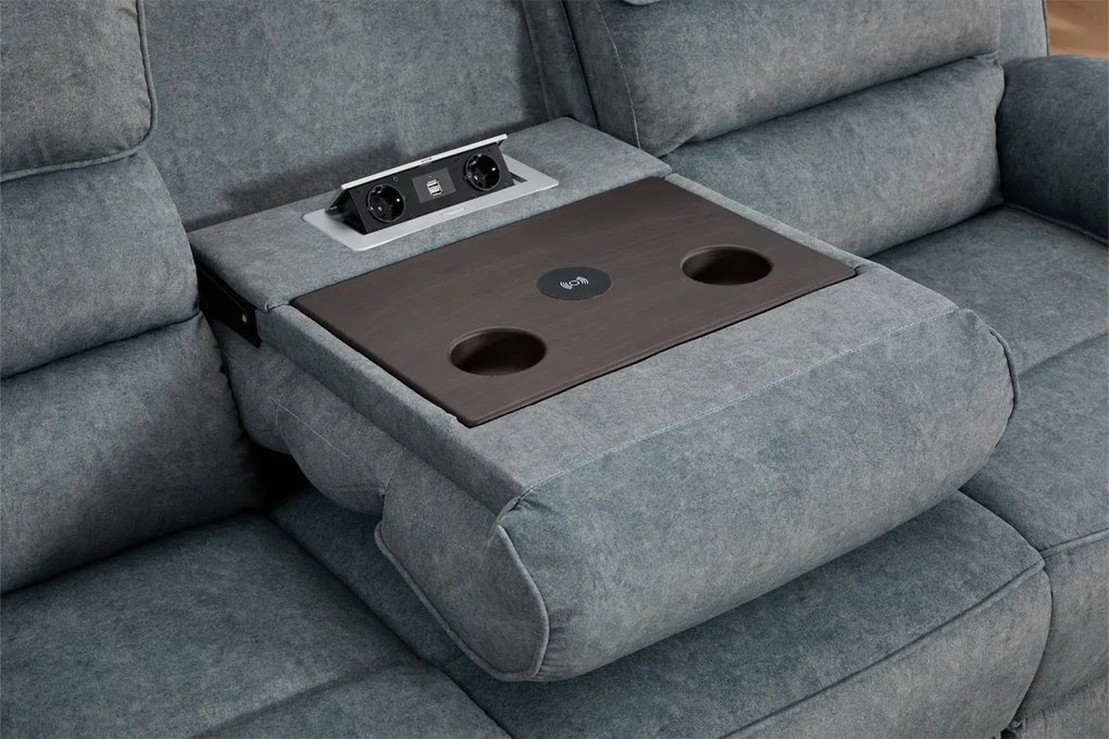 Set canapea dumonde 3+2+1, reclinere electrice, incarcare wireless, priza, masuta, suport pahare Sorren