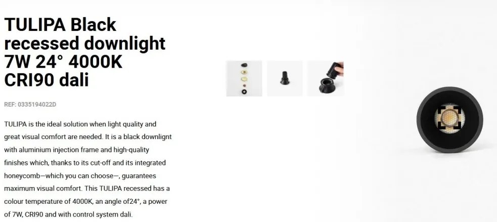 Spot LED incastrabil TULIPA Black recessed downlight 7W 24° 4000K CRI90 dali