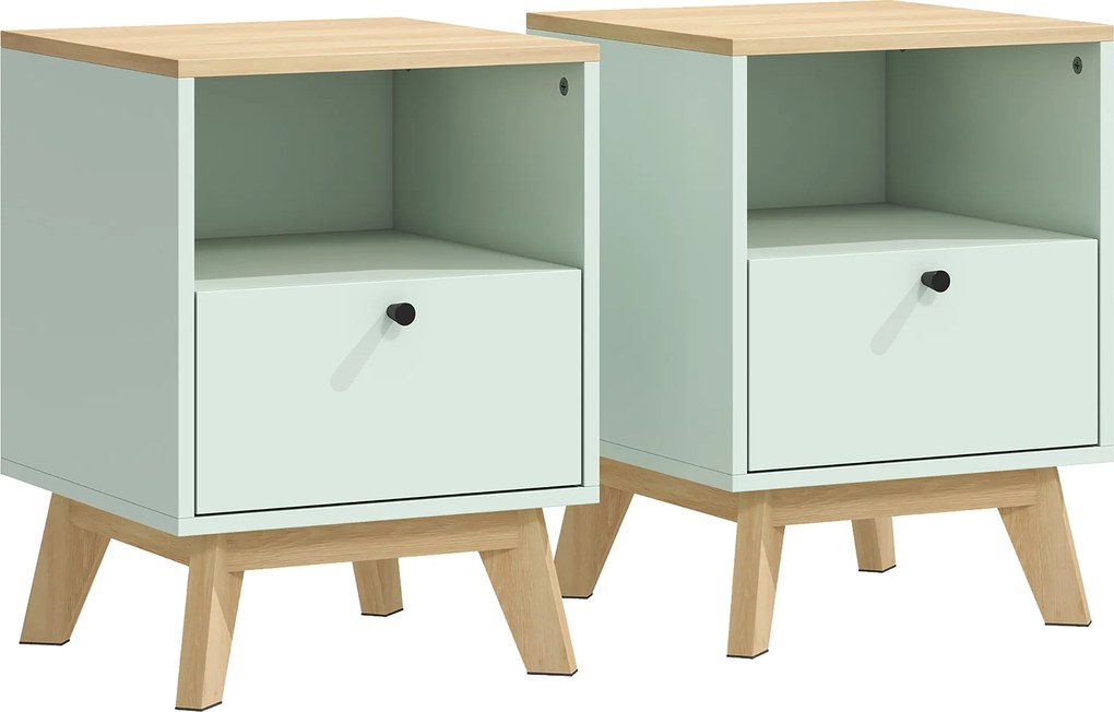 HOMCOM Set de 2 noptiere, noptiere cu sertar și compartiment deschis, 40 x 40 x 55 cm, stejar și verde deschis | Aosom Romania