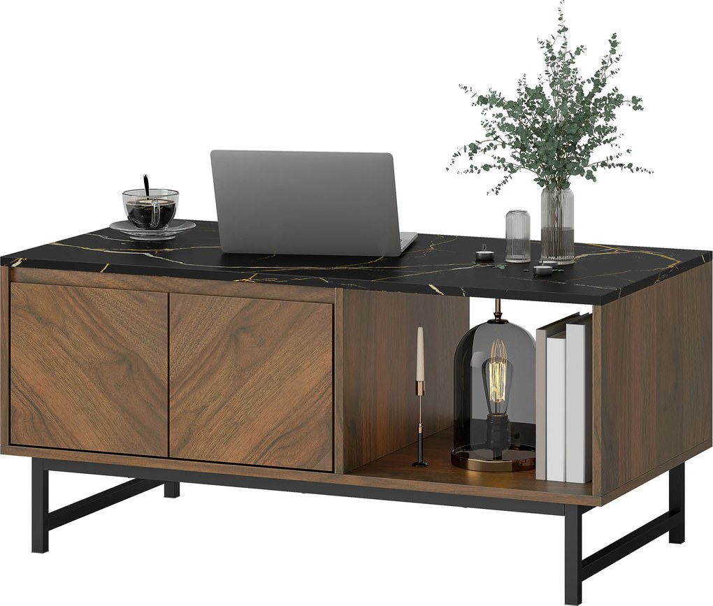 HOMCOM Masă de cafea, masă de living, blat efect marmură, 2 uși și 2 nișe deschise, 100 x 50,8 x 45,7 cm, nuc | Aosom Romania