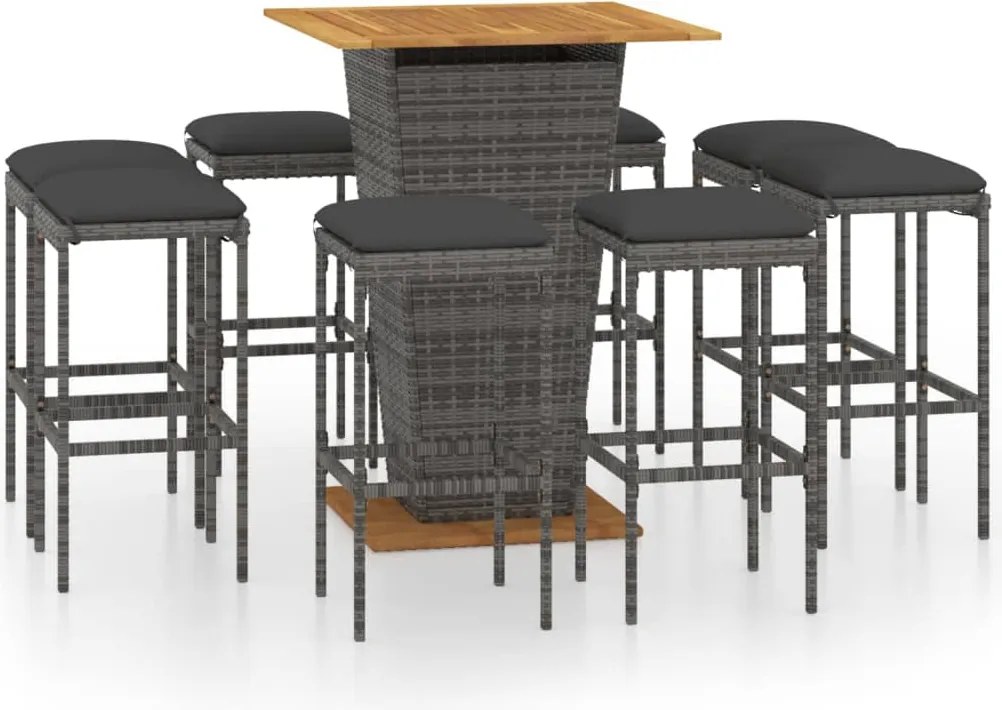 vidaXL Set mobilier bar de grădină cu perne, 9 piese, gri, poliratan