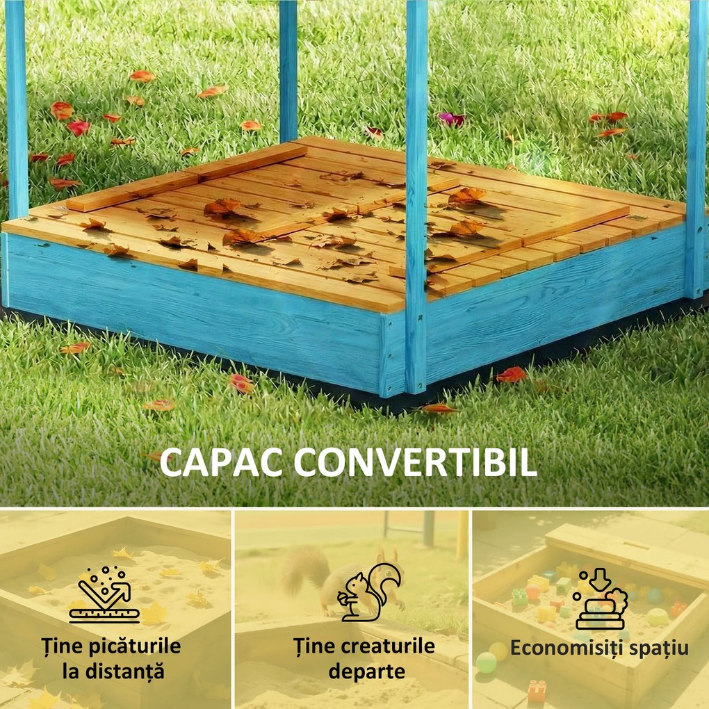AIYAPLAY Lădiță cu Nisip pentru Copii 3-6 Ani cu Acoperiș Dinosauri, Bănci Pliabile, Capac și Husă Incluse, Lădiță de Nisip din Lemn de Brad, 134,5x127,5x130 cm, Albastru | Aosom Romania