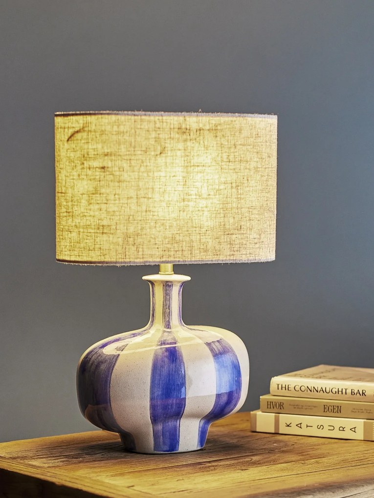 Lampă de masă din ceramică artizanală, multicolor, pictată manual cu dungi verticale și abajur din in, 33x19x46 cm, „Alida"