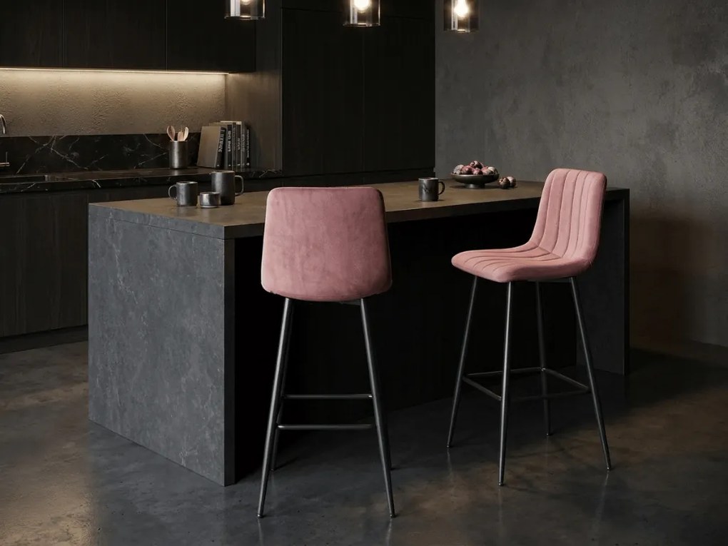 Scaun de bar POZZA VELVET cu picioare negre, roz
