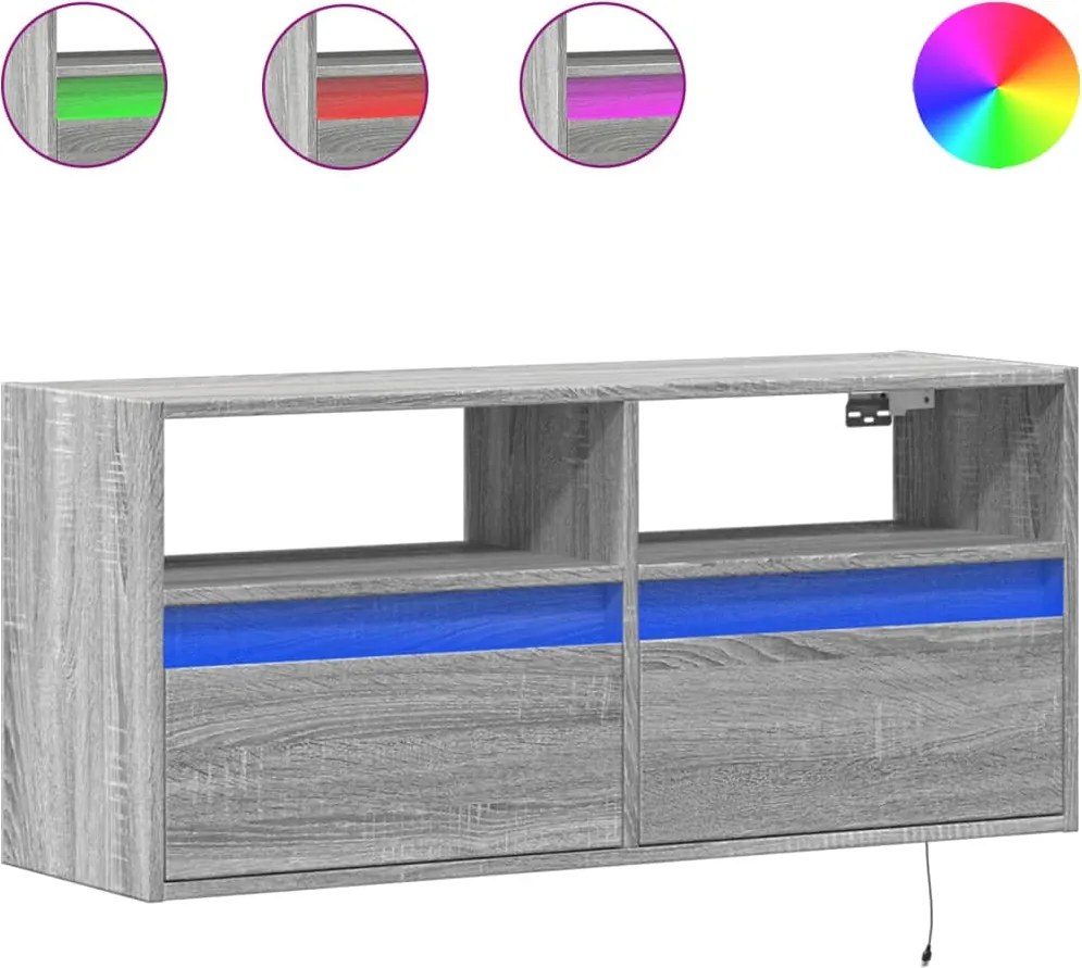 vidaXL Comodă TV de perete cu lumini LED, gri sonoma, 100x31x45 cm