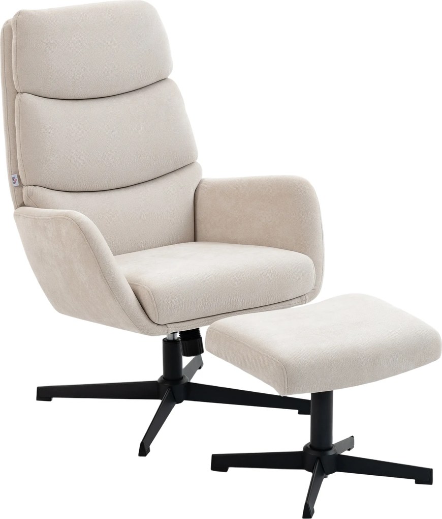 HOMCOM Fotoliu tapițat cu taburet, fotoliu lounge cu spătar înalt, bază metalică, pentru living, dormitor, Bej | Aosom Romania