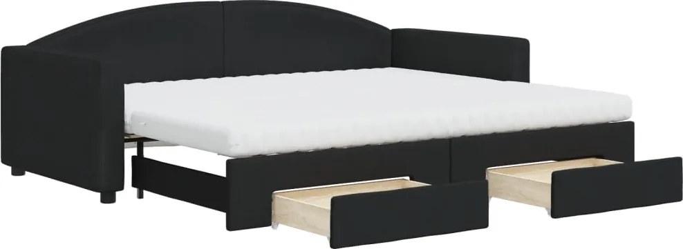 vidaXL Pat de zi cu extensie și sertare, negru, 90x200 cm, textil