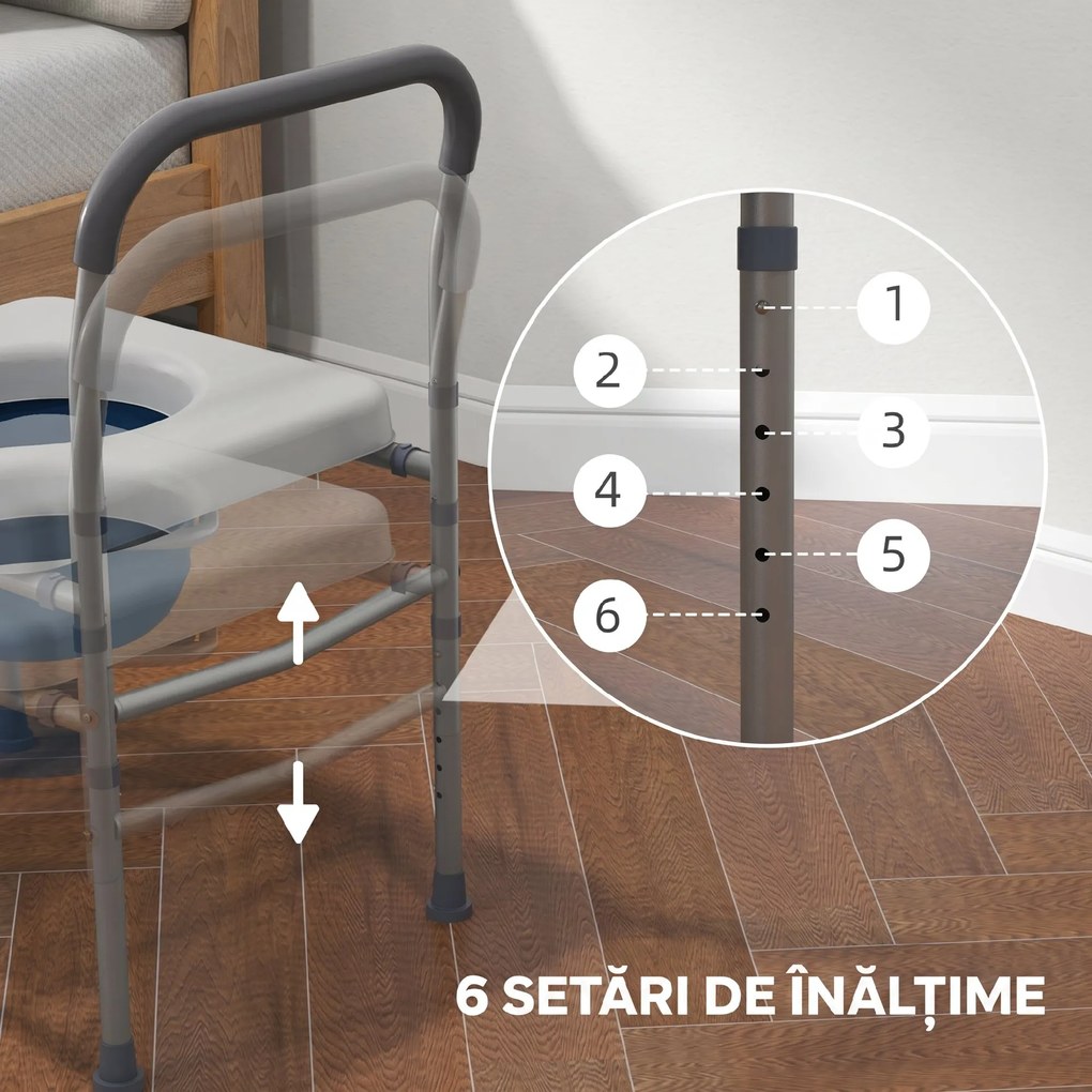 HOMCOM Scaun cu Vas de Toaletă pentru Vârstnici, Scaun de Toaletă Multifuncțional 4-În-1 cu Înălțime Reglabilă, 64x53x70-82 cm, Gri | Aosom Romania