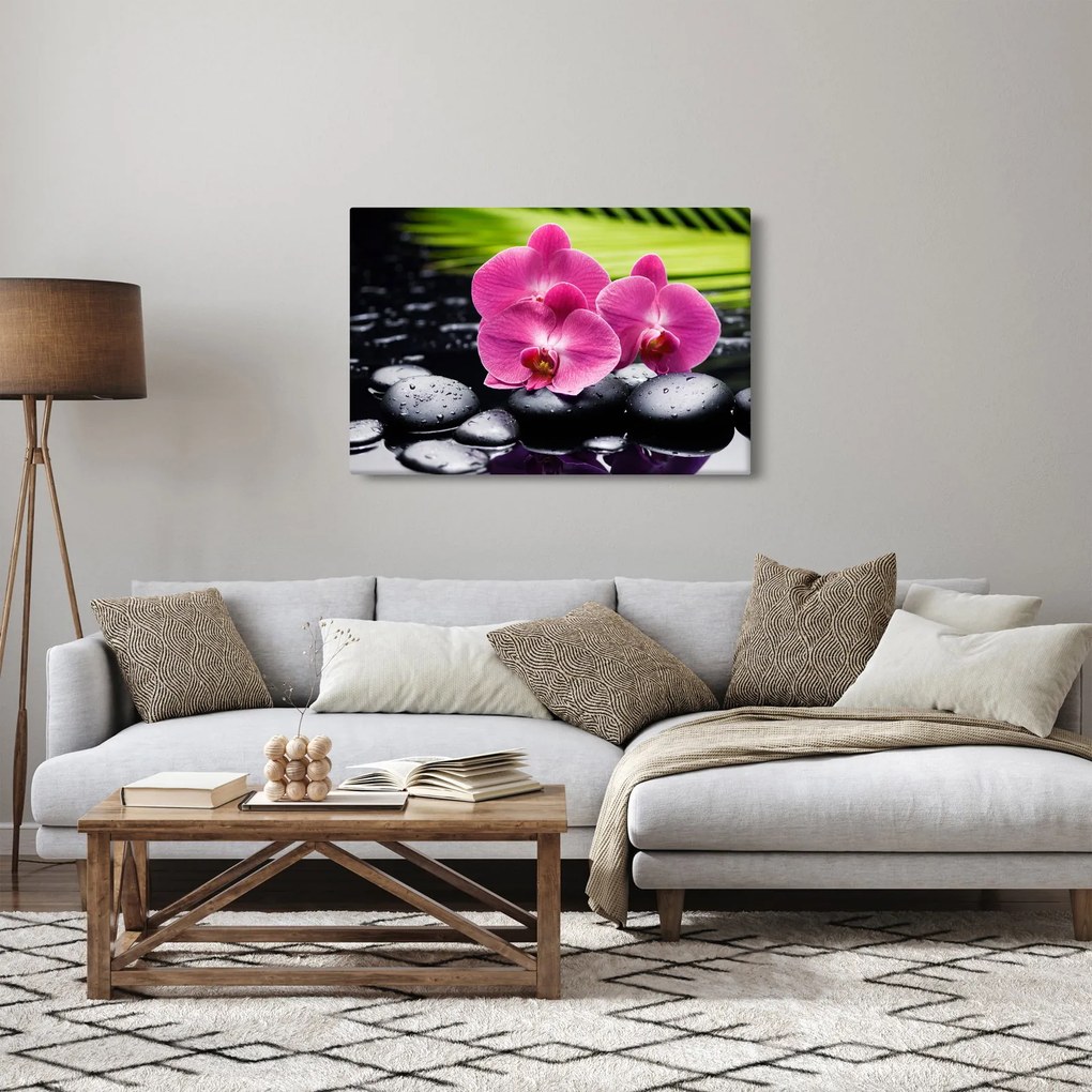 Tablou - Orhidee roz cu frunze de palmier (90x60 cm)