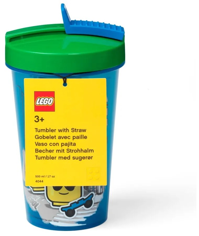 Pahar cu capac verde și pai LEGO® Iconic, 500 ml, albastru