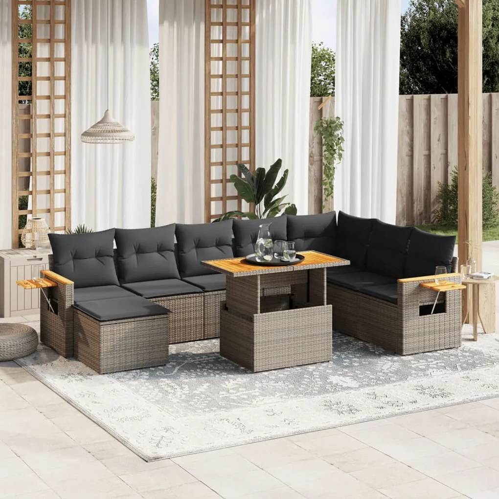 vidaXL Set canapele de grădină, 9 piese, cu perne, gri, poliratan