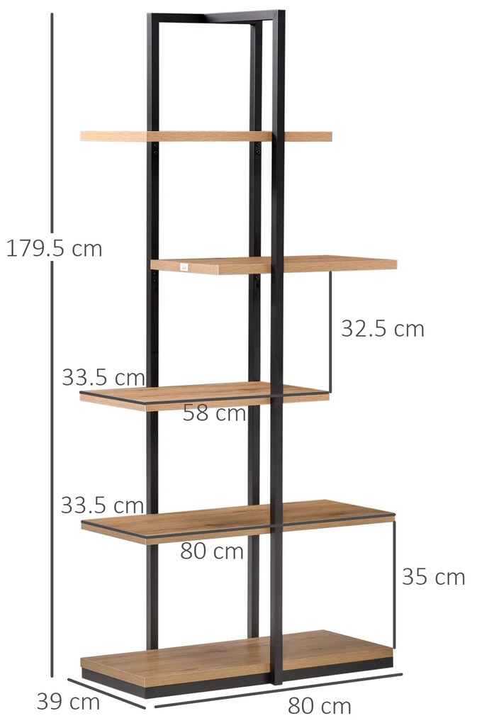 Biblioteca Moderna 5 Rafturi Asimetrice in Stil Industrial, PAL si Metal, 80x39x179.5cm, Maro HOMCOM | Aosom Romania