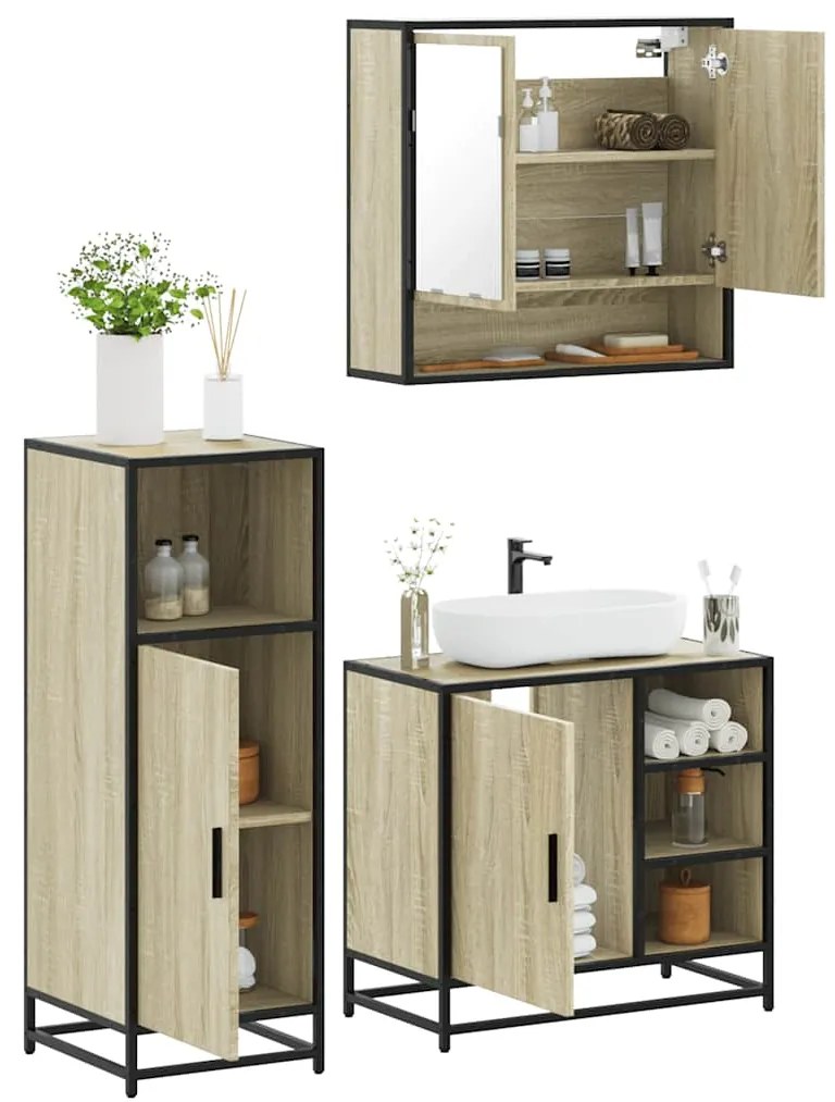 vidaXL Set mobilier de baie, 3 piese, stejar sonoma, lemn prelucrat