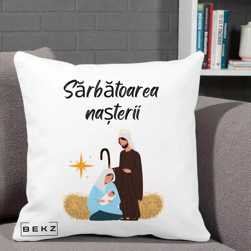 Perna Decorativa Nasterea Domnului Sfanta Familie Sarbatoarea Nasterii, 40x40 cm, Alba Mata, Husa Detasabila, Perna Inclusa, BEKZ®