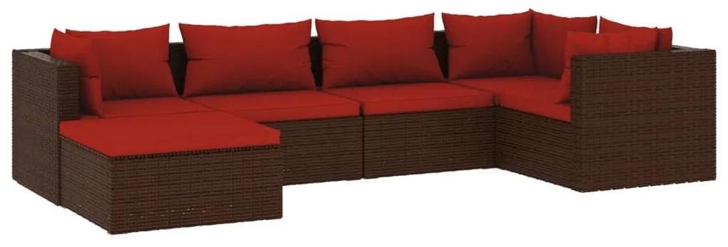 Set mobilier de gradina cu perne, 6 piese, maro, poliratan maro si rosu, 3x colt + 2x mijloc + suport pentru picioare, 1