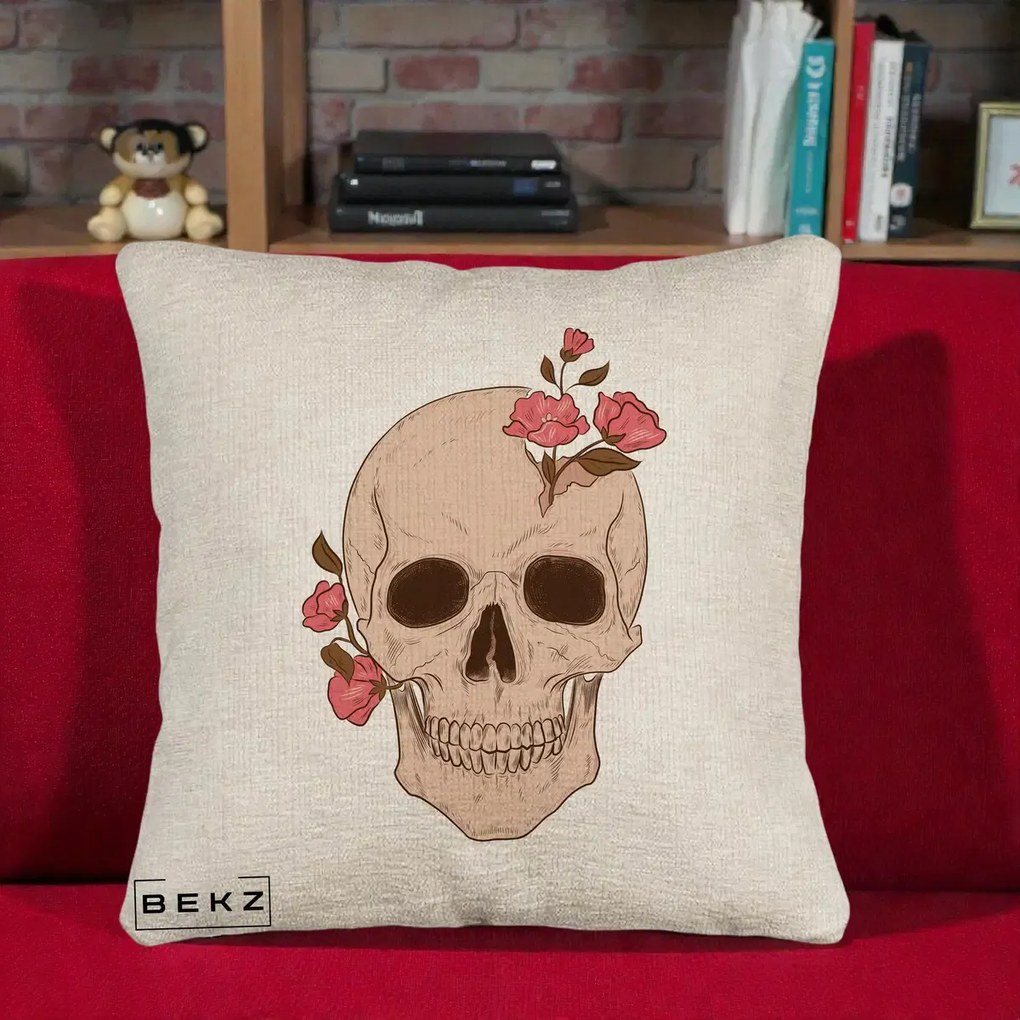 Perna Decorativa Craniu Floral Gothic, 40x40 cm, Bej Canapea, Husa Detasabila, Perna Inclusa, BEKZ®