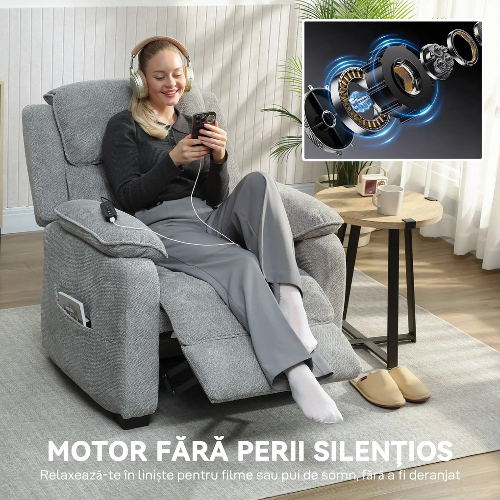 HOMCOM Fotoliu Electric Reclinabil 150° cu Suport pentru Picioare, Port USB, Fotoliu Reclinabil Silențios, Sezut Larg, Telecomandă, Funcție Memorie, din Catifea, pentru Living, Gri | Aosom Romania