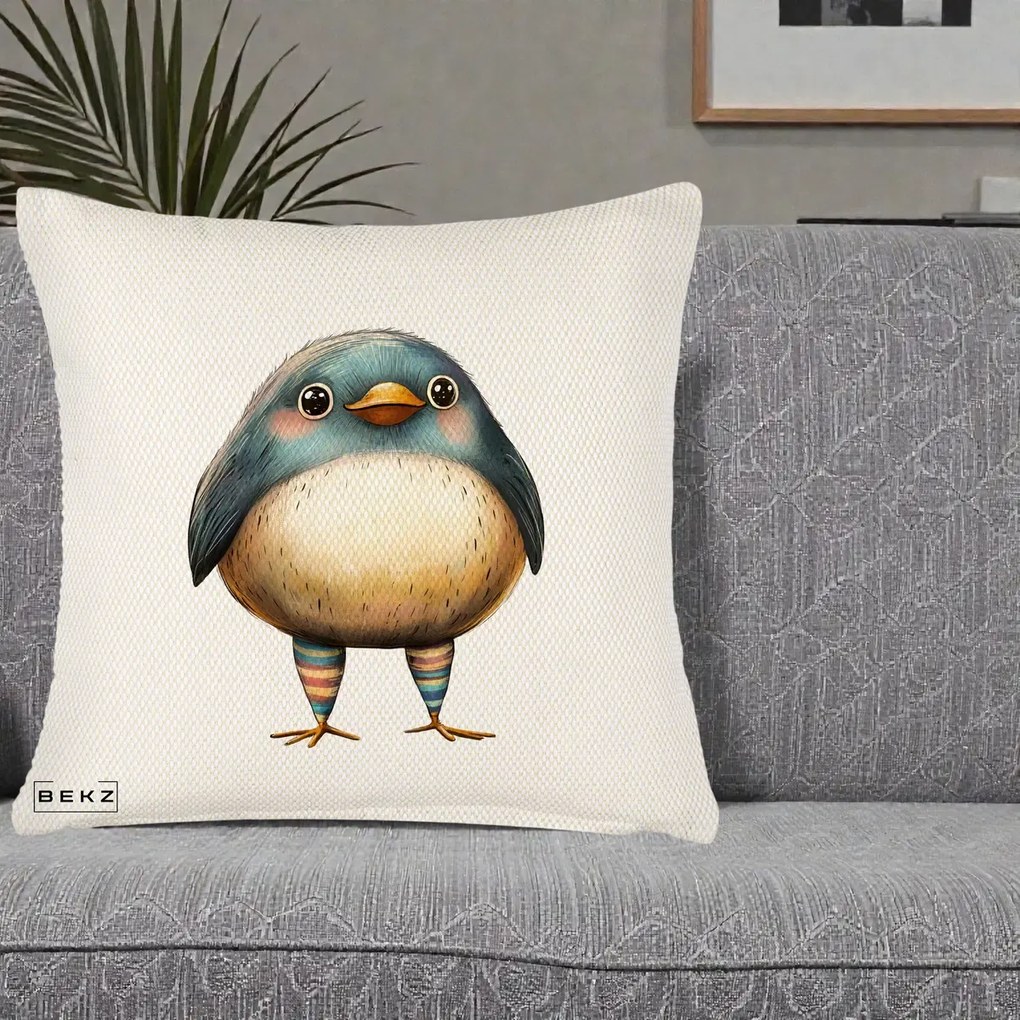 Perna Decorativa Pasare Teal-Bej cu Sosete Curcubeu, 40x40 cm, Crem Reliefat, Husa Detasabila, Perna Inclusa, BEKZ®