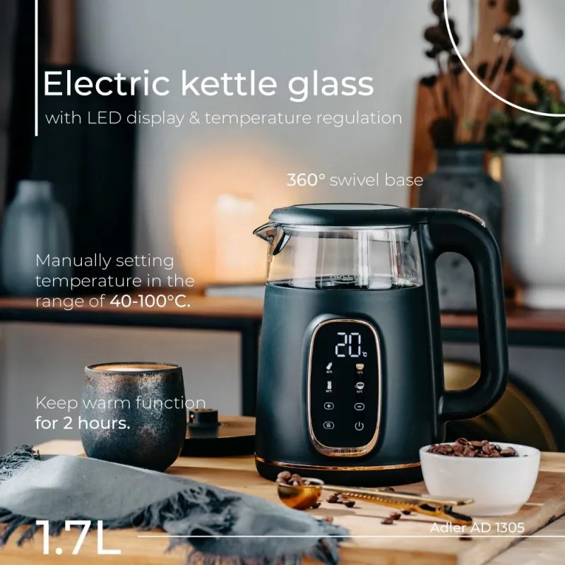 Cana electrica Adler AD 1305, 1850/2200 W, 1,7 l, Control tactil, Afisaj LCD color, 5 setari temperatura 40-100°C, Filtru antidecantare, Negru/galben