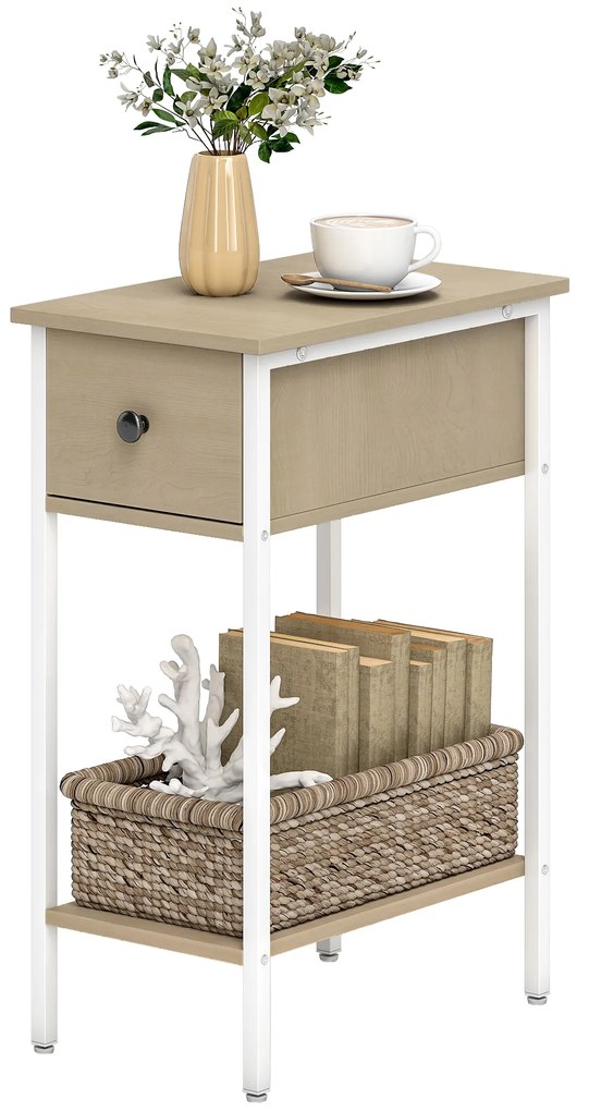 HOMCOM Masă Auxiliară Îngustă cu Sertar Raft Deschis și Structură Metalică pentru Sufragerie Dormitor 25x39,8x58,2 cm Lemn Natural | Aosom Romania