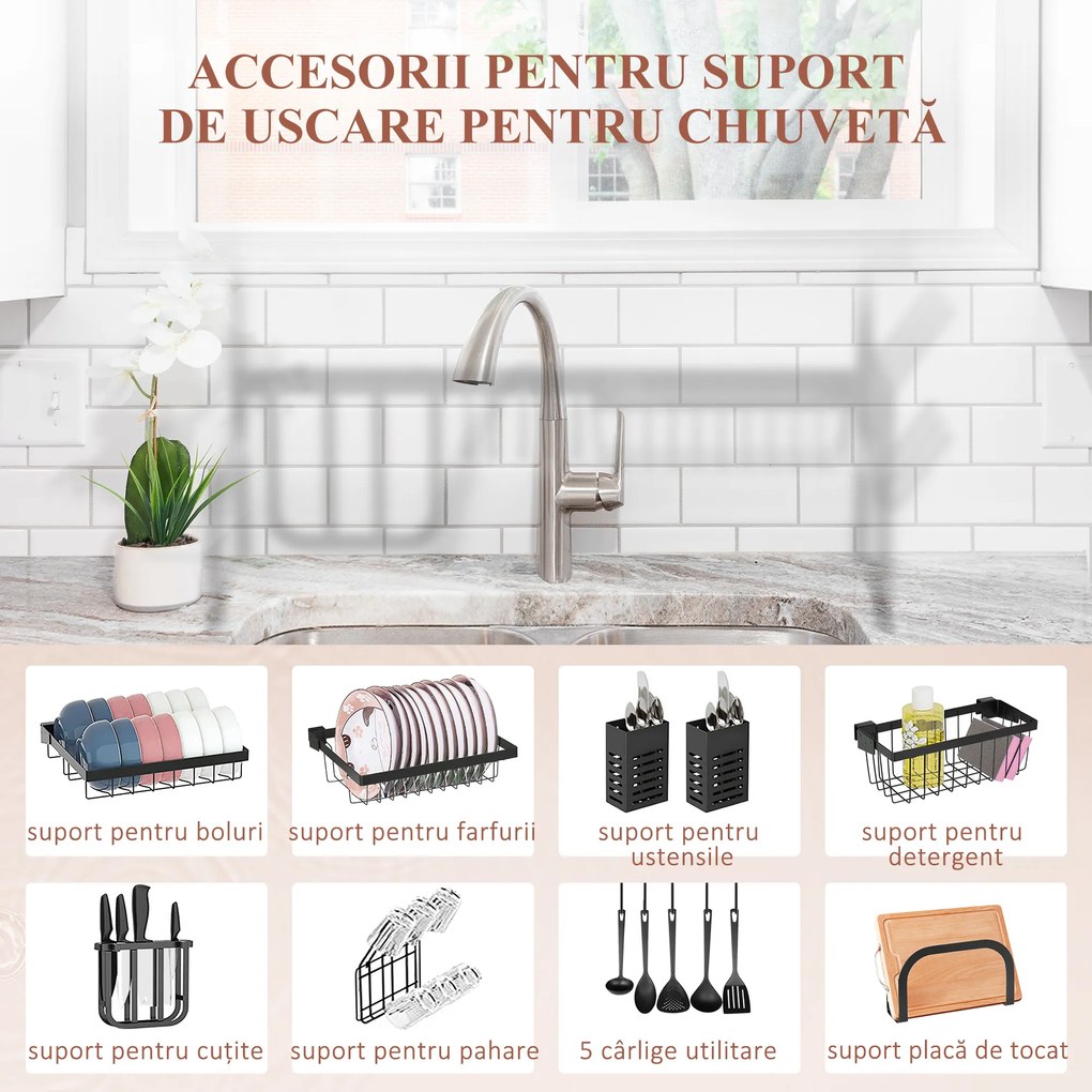 HOMCOM Uscător de Vase de Tip Stand Modular cu 2 Nivele 65x31.5x52.5 cm Negru | Aosom Romania