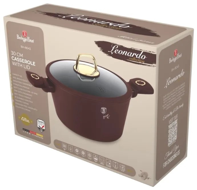 Oală cu capac 30 cm, 8L – Berlinger Haus Leonardo Collection BH 8043, cu strat titan, perfectă pentru mese mari și curățare rapidă