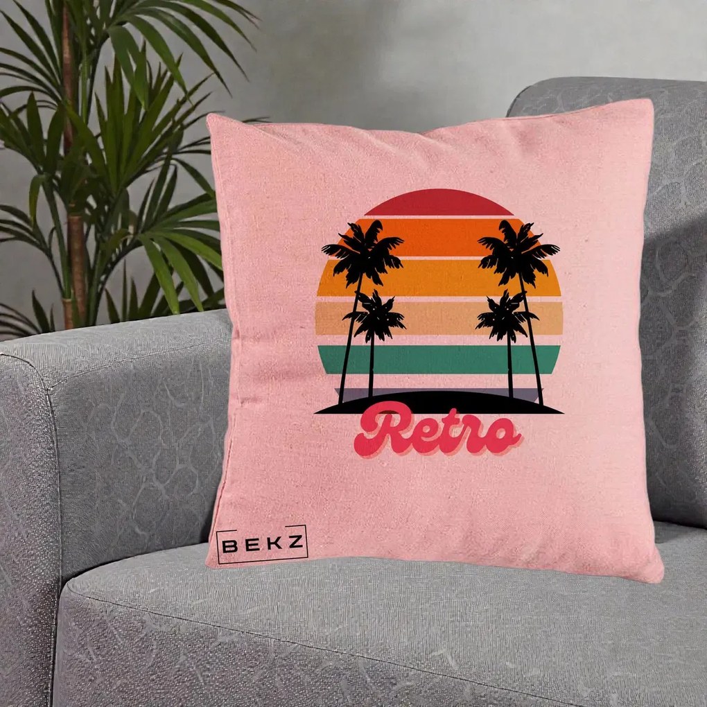 Perna Decorativa Retro Sunset Palmieri, 40x40 cm, Roz, Husa Detasabila, Perna Inclusa, BEKZ®