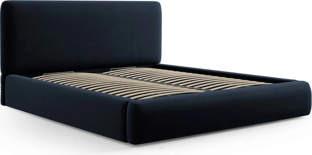 Pat tapitat cu tablie si lada depozitare, Colonel, Cosmopolitan Design, 160x200 cm, catifea, albastru inchis