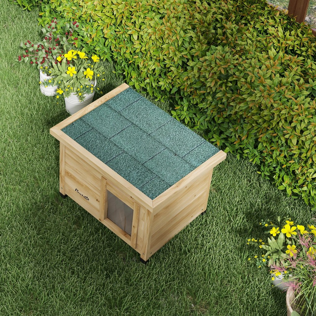 PawHut Casa pentru pisici adăpost exterior din lemn ridicată, cu acoperiș asfalt, fereastră, 57 x 45 x 43 cm galben | Aosom Romania
