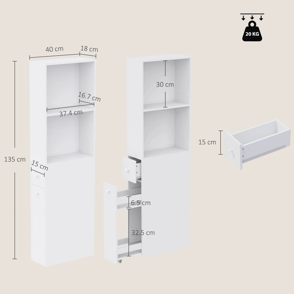 HOMCOM Dulap Baie Slim cu Organizator Glisant pe Roți, Sertar și Raft Reglabil, MDF, 18 x 40 x 135 Cm, Alb | Aosom Romania