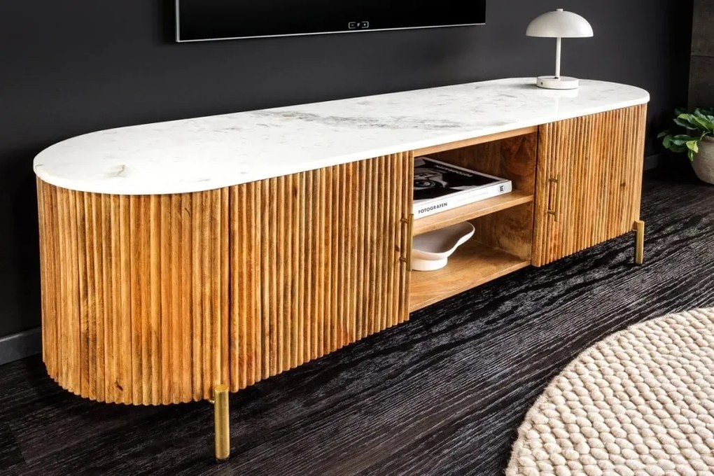 Comoda TV lemn de mango, marmura alba TRES CHIC 140cm