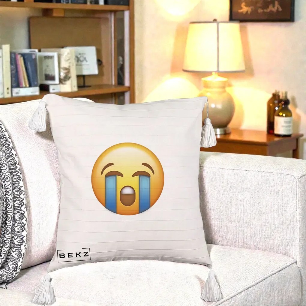 Perna Decorativa Emoji Plange, 40x40 cm, Bej cu Franjuri, Husa Detasabila, Perna Inclusa, BEKZ®