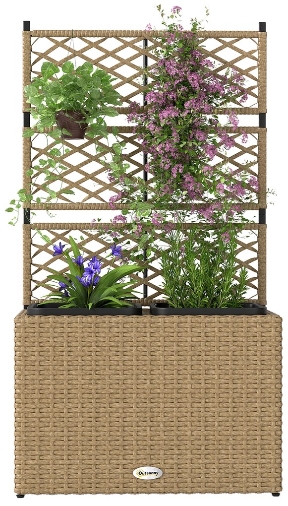 Outsunny Jardiniieră pentru plante cu trei băci în rășină împletită și oțel 57 x 30 x 107 cm nisip | Aosom Romania