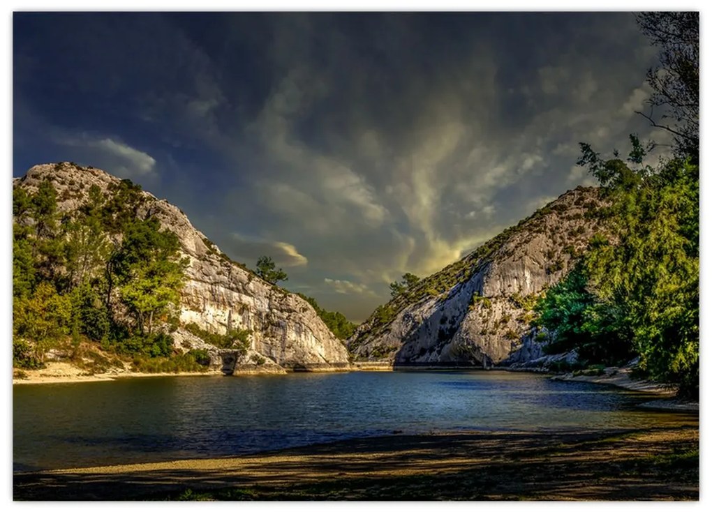 Tablou pe sticlă peisajului cu lac (70x50 cm)