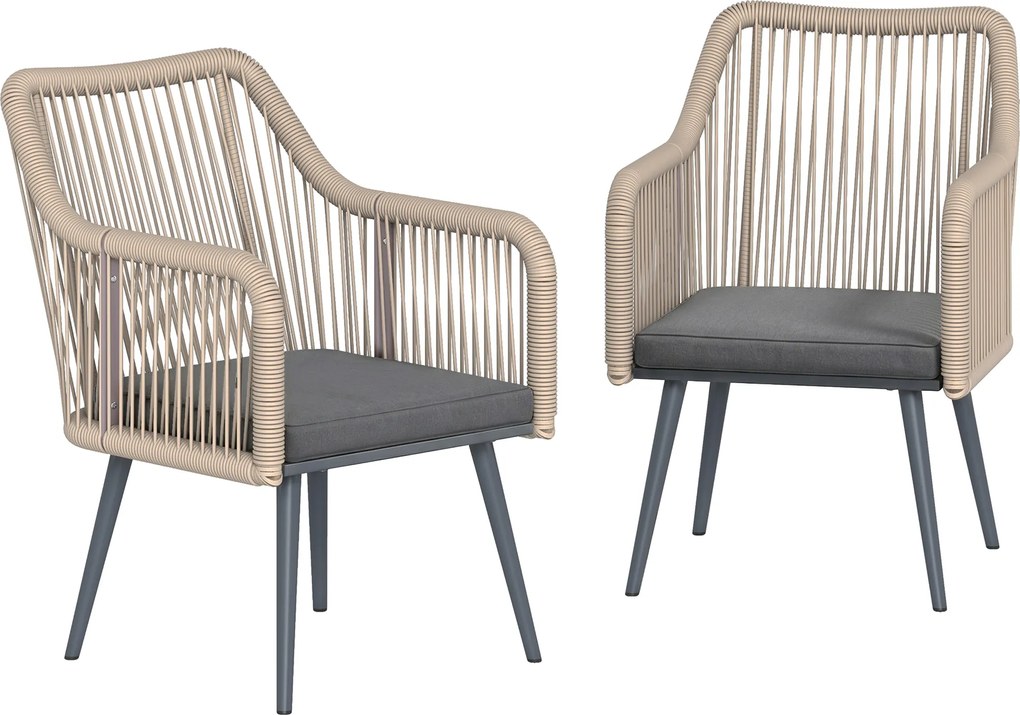 Outsunny Set 2 Scaune de Grădină din Ratan PE cu Perne Moi Lavabile și Brațe, Scaune pentru Dining Exterior din Oțel, pentru Terasă, Balcon, Grădină, Exterior, 54x65x80cm, Gri Închis | Aosom Romania
