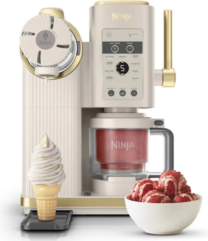 Aparat de facut inghetata 13in1 Ninja CREAMi Scoop & Swirl™ NC701EUSTGD, 800 W, 13 programe, Maneta cu 3 trepte pentru cornete, CreamiFit, Creamify, 2 cupe de 473 ml, Personalizare, Crem/Auriu