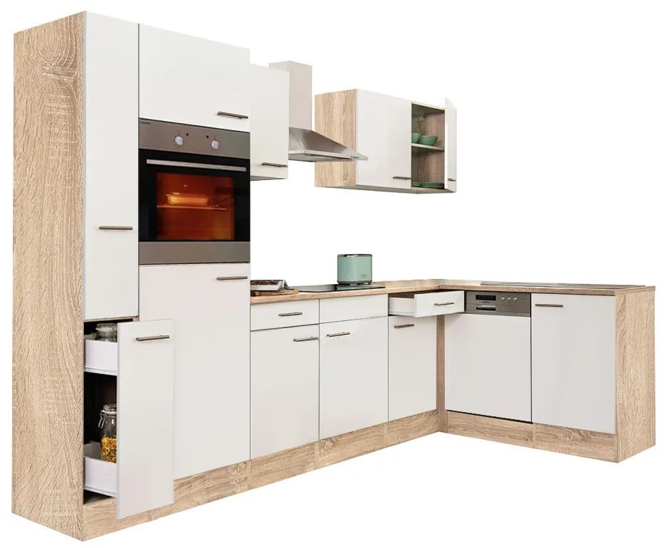 Mobilă de bucătărie de colț Yorki 310, corp din stejar Sonoma, cu față alb satinat