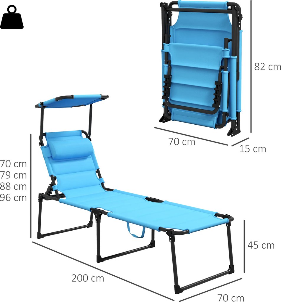 Outsunny Tumbona de Jardín con Toldo Ajustable Respaldo Regulable 4 Niveles Reposacabezas para Terraza 70x200x45 cm Azul Claro | Aosom Romania