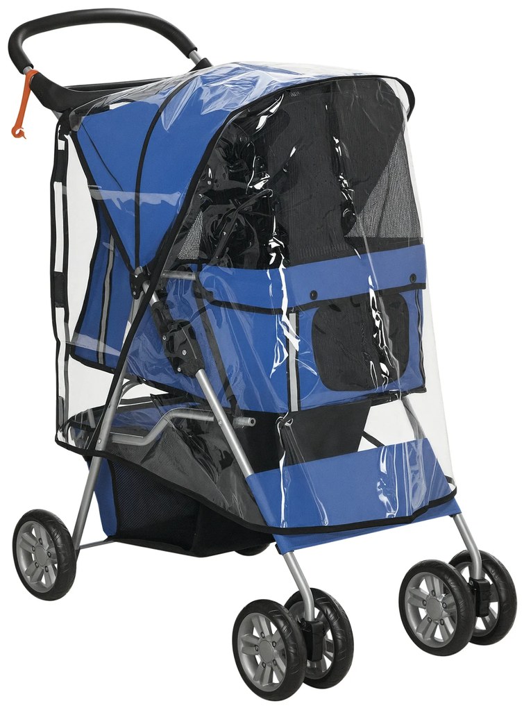 PawHut Cărucior Pliabil pentru Câini până la 10 kg cu Copertină de Ploaie, 75x45x97 cm, Albastru | Aosom Romania