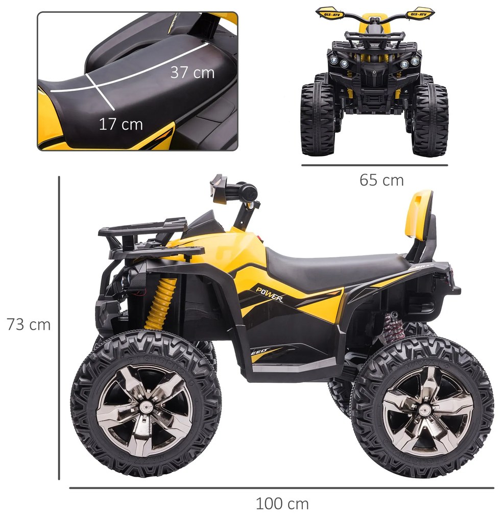 ATV Electric pentru Copii 12V, 3-5 Ani, Faruri, Muzica, Pedale 100x65x73cm - Negru/Galben HOMCOM | Aosom Romania