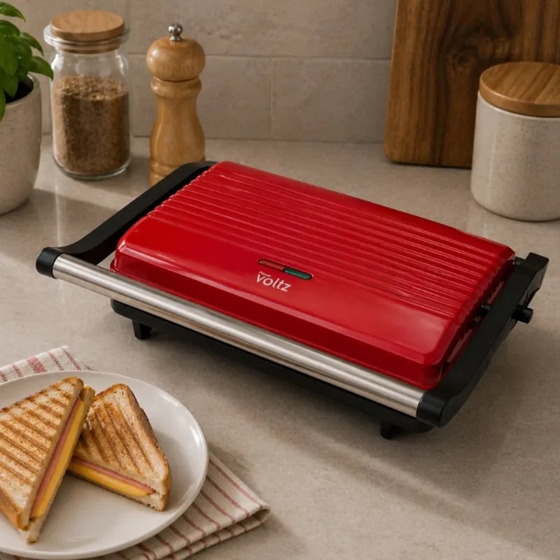 Aparat pentru sandvisuri / sandwich maker Panini Oliver Voltz OV51442R, 1000 W, Placi antiaderente, Deschidere la 180°, Tava pentru grasime, Rosu