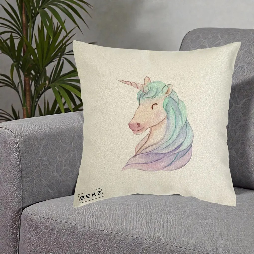 Perna Decorativa Unicorn Acuarela Pastel, 40x40 cm, Ecru, Husa Detasabila, Perna Inclusa, BEKZ®