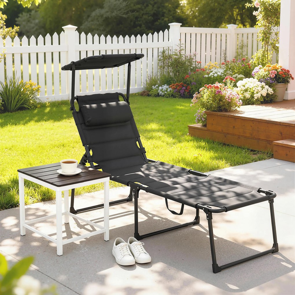 Outsunny Șezlong pliabil cu copertină, pernă pentru cap reglabilă din material Oxford 70 x 200 x 45 cm, negru | Aosom Romania