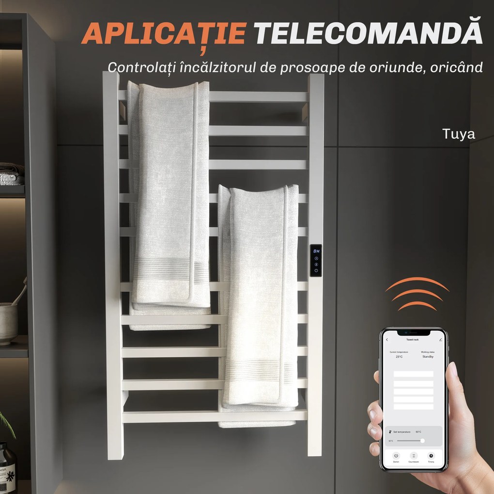 HOMCOM Uscător de Prosoape Electric cu 10 Bare, Timer, Afișaj LCD și Temperatură Reglabilă, 45x11x80 cm, Alb | Aosom Romania