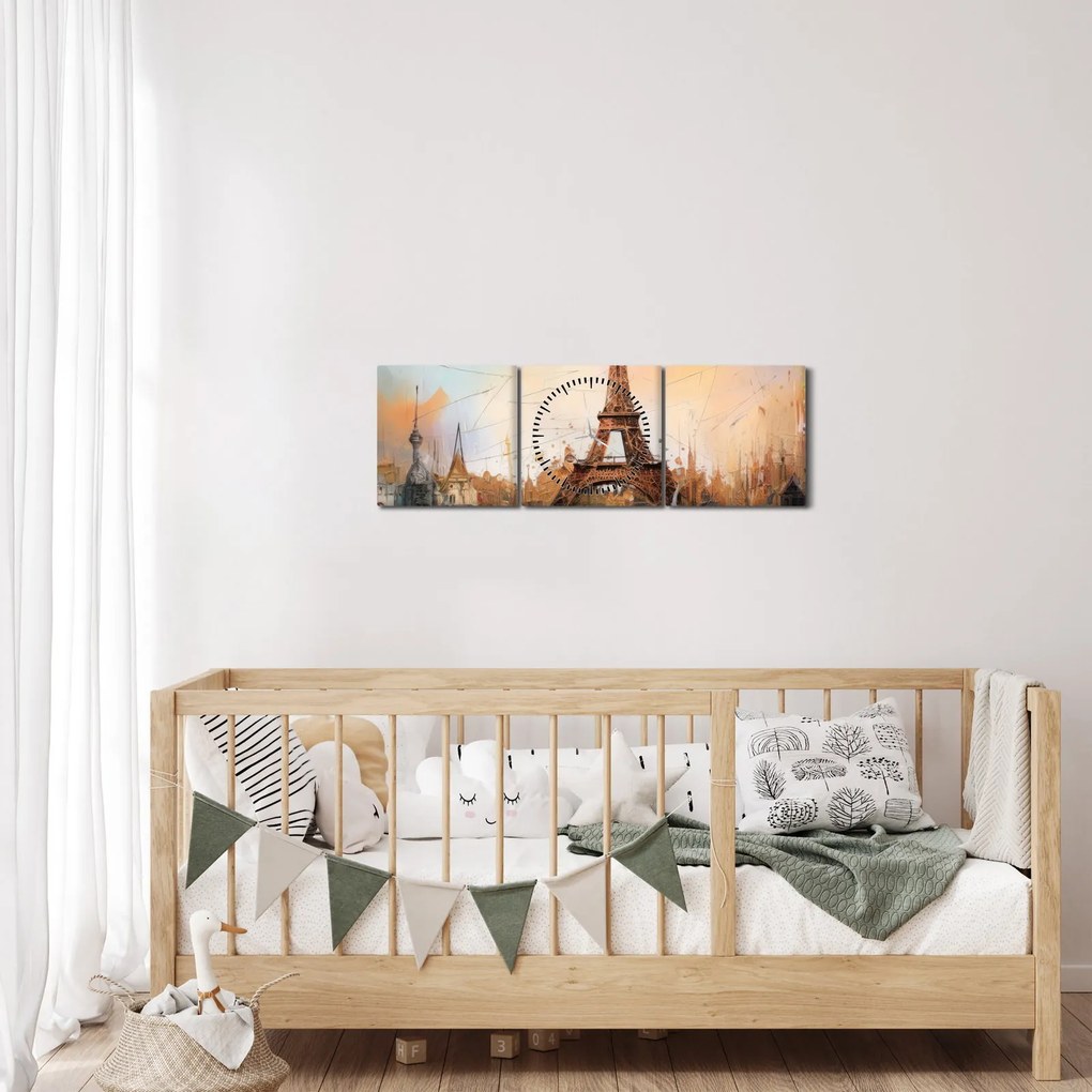 Tablou - Pictură a Turnului Eiffel (cu ceas) (90x30 cm)